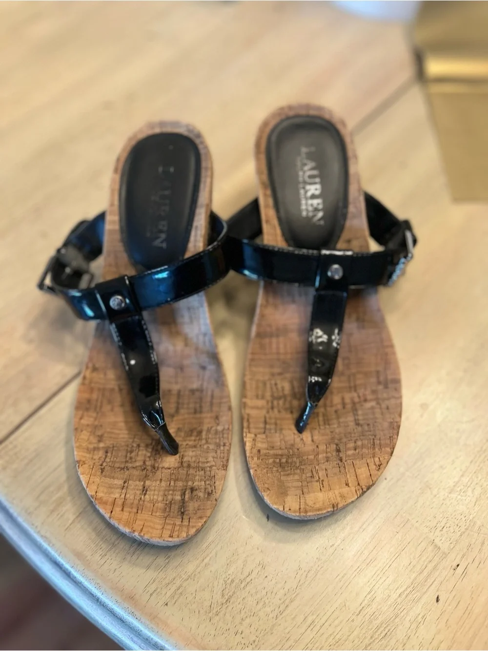 Lauren Ralph Lauren Black Cork Wedge Thong Sandals